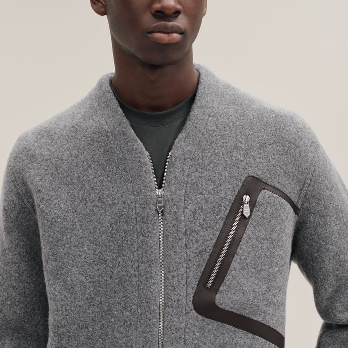 Gris Zipped Varsity Cardigan With Leather Detail