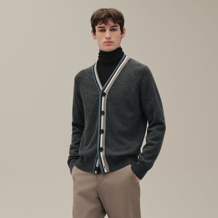 Anthracite Cashmere "Rayures Asymetriques" Buttoned Cardigan