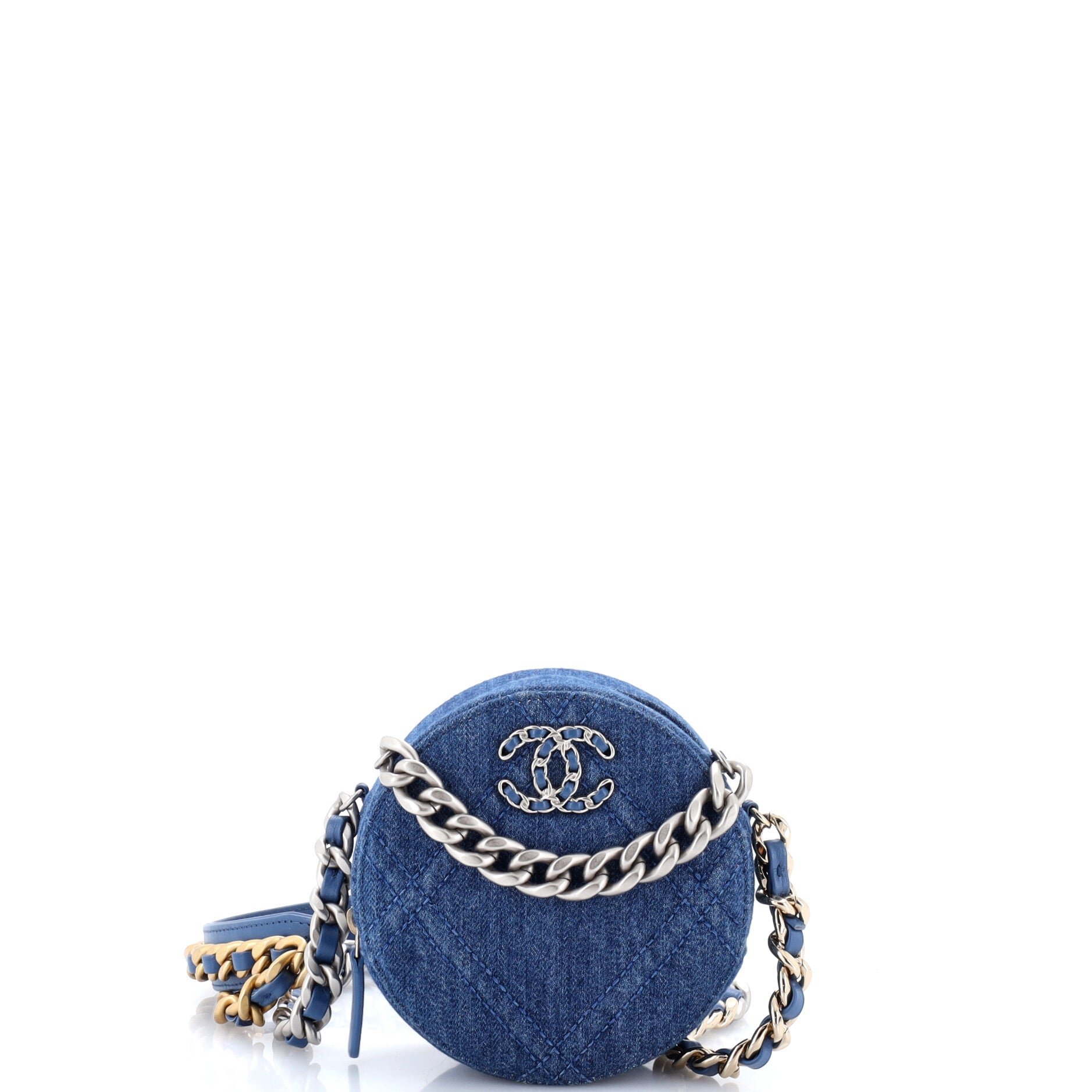 19 Round Clutch with Chain Quilted Denim