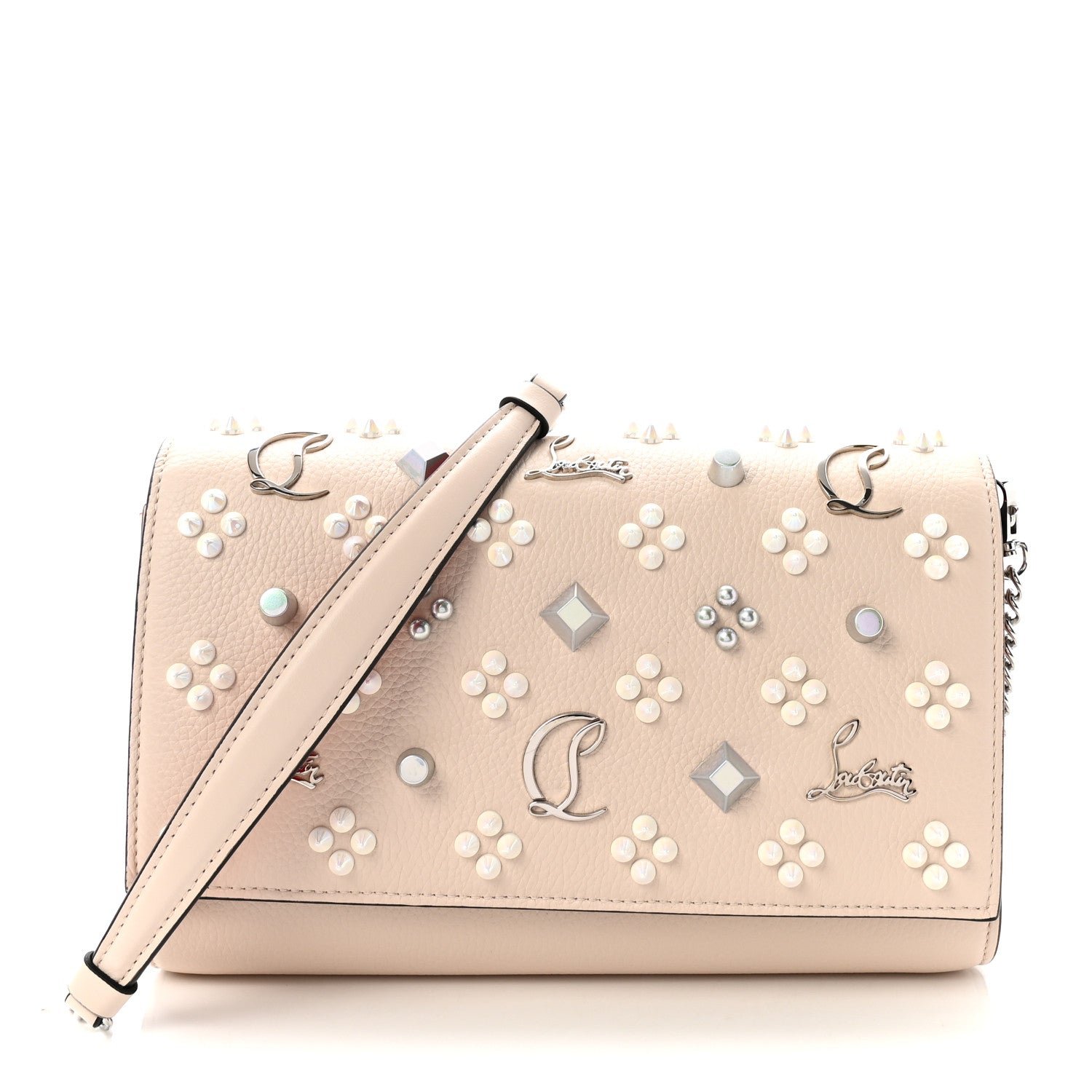 Christian Louboutin Calfskin Spikes Loubinthesky Paloma Clutch Leche