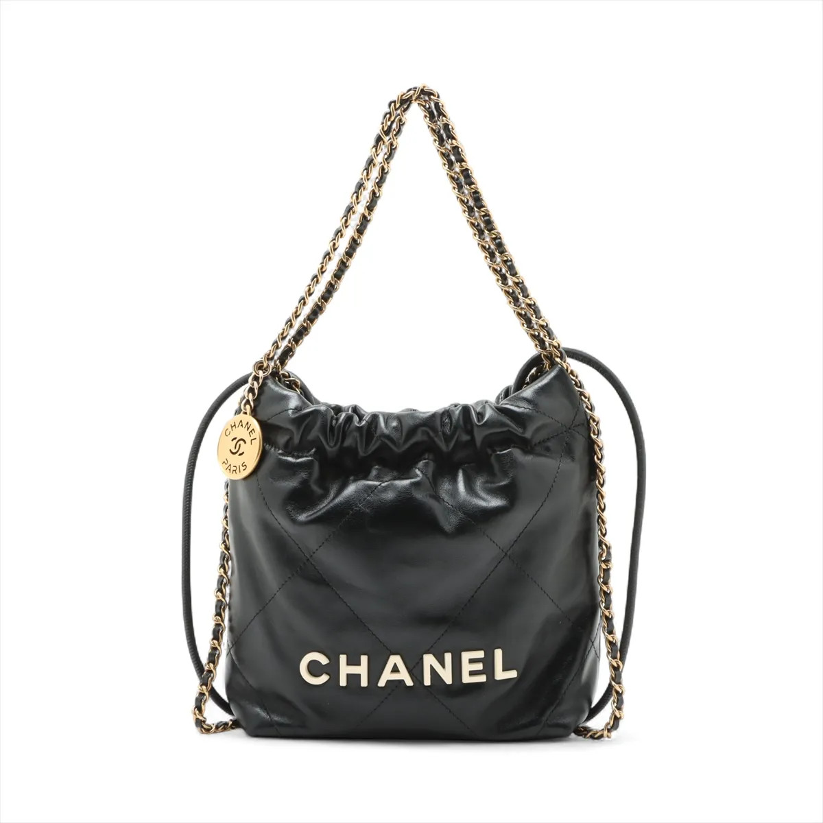 Chanel Chanel 22 Mini shiny calfskin Chain Shoulder Bag Black Gold Metal Fitting