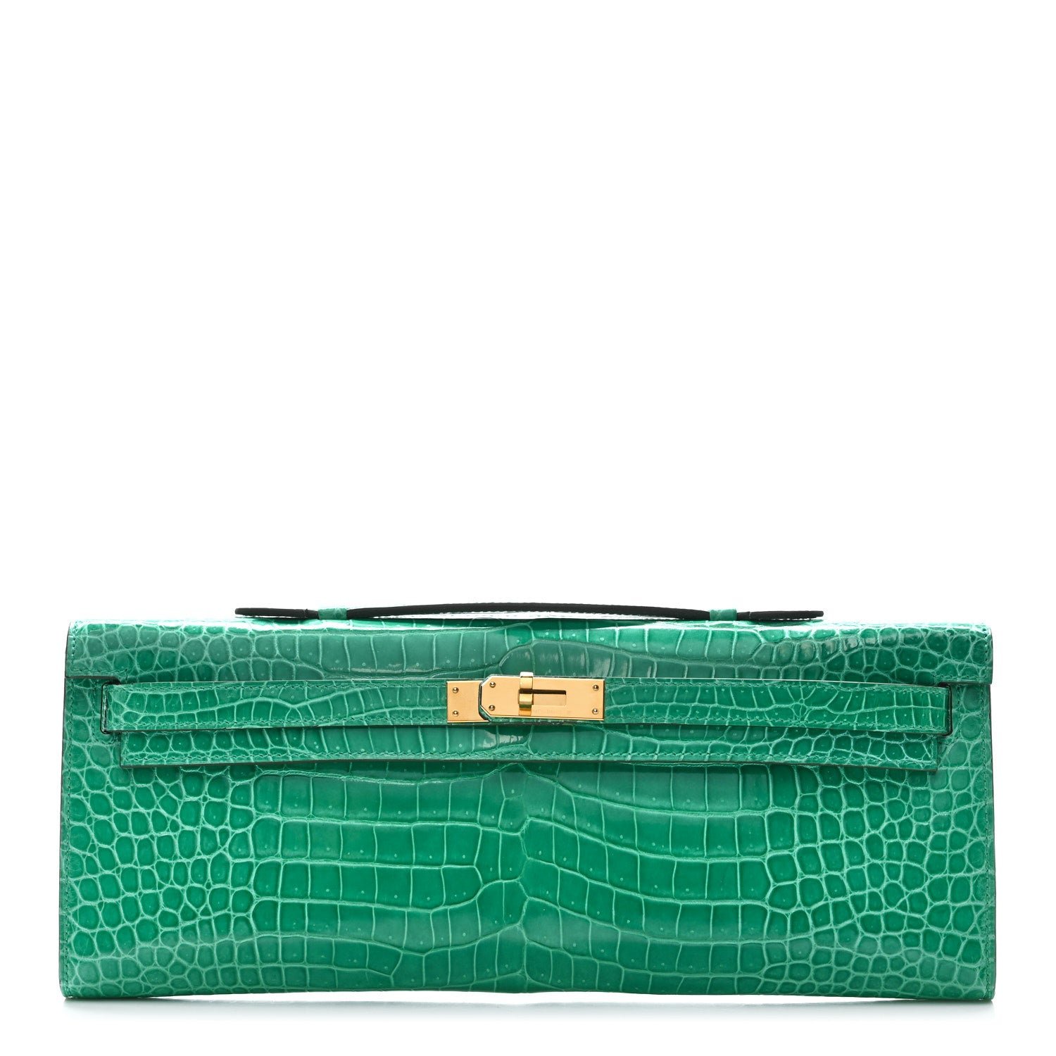 Hermes Shiny Porosus Crocodile Kelly Cut Pochette Vert Jade