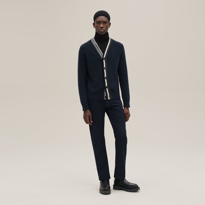 Marine Cashmere "Rayures Asymetriques" Buttoned Cardigan