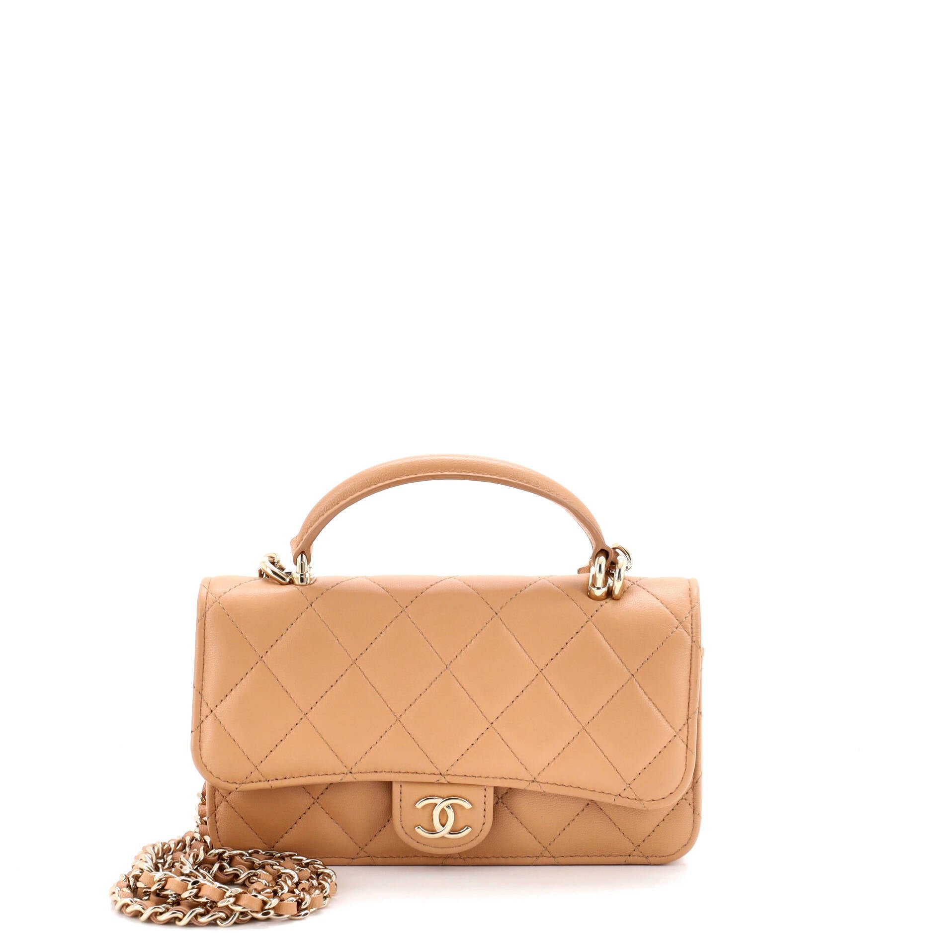 Classic Top Handle Flap Phone Holder with Chain Quilted Lambskin