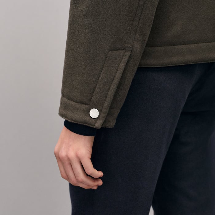 Taupe Cashmere Zipped Straight Cut Jacket With Leather Details