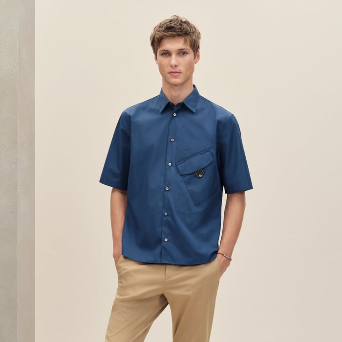 Indigo Short-sleeve Straight Cut Shirt With Leather Detail