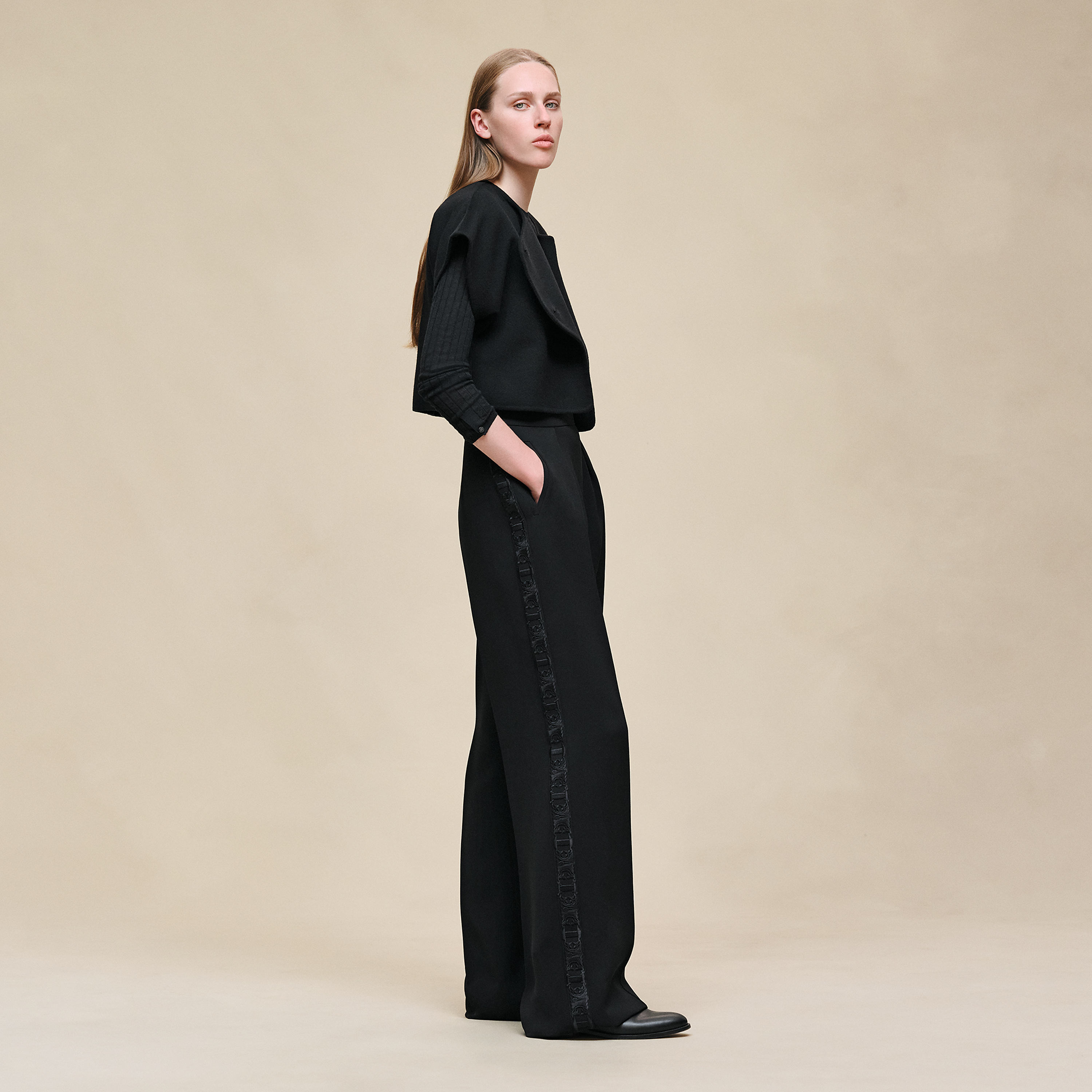 Embroidered high-waisted tuxedo pants