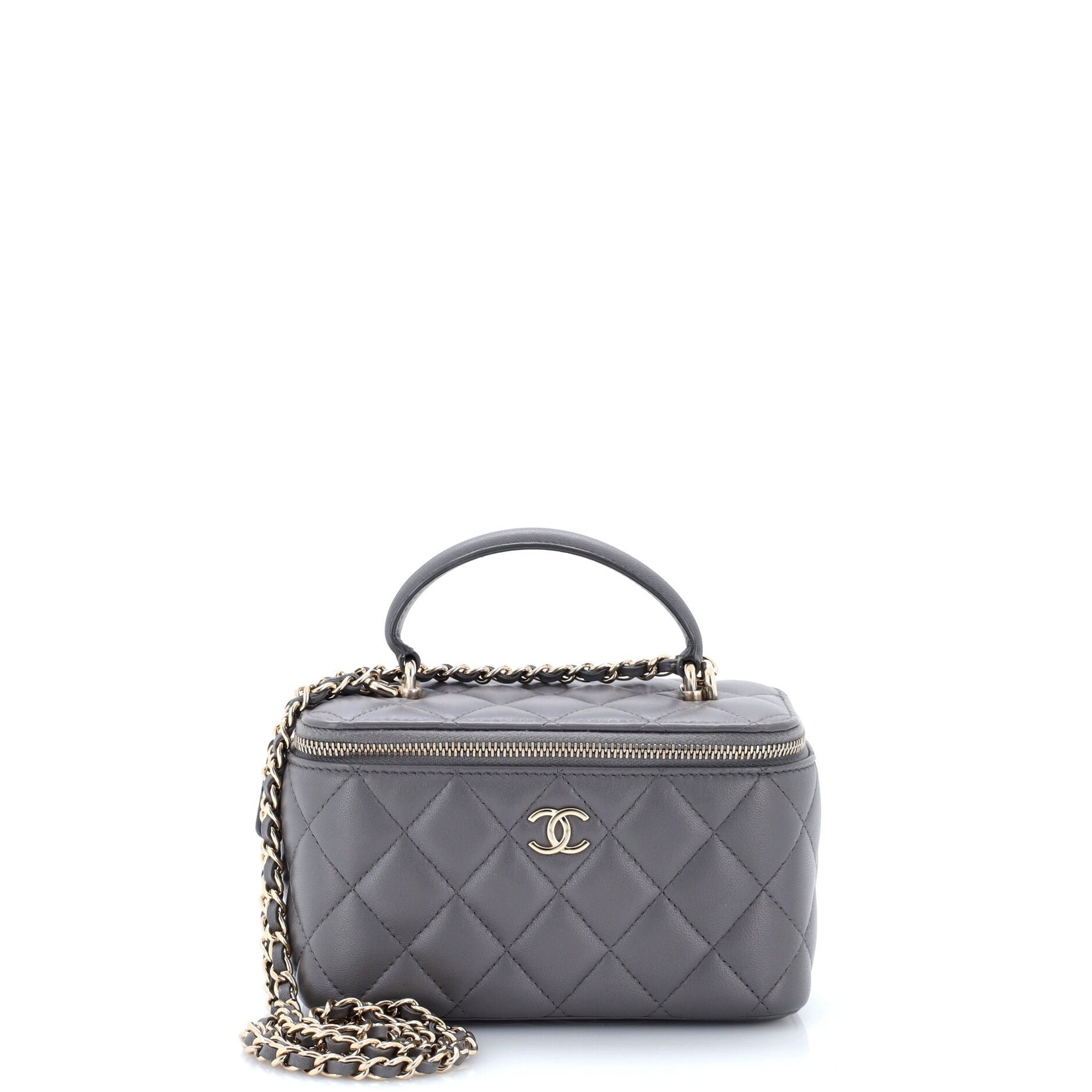 Classic Top Handle Vanity Case with Chain Quilted Lambskin Small