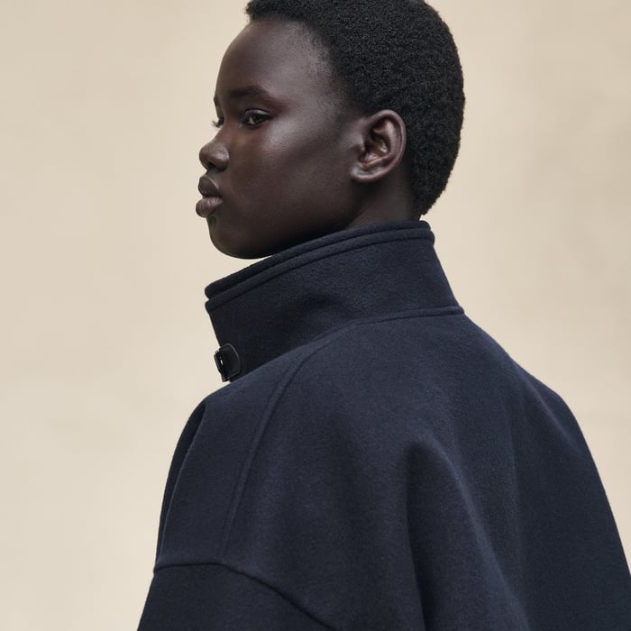 Bleu Noir Short Mixed Leather Cashmere Coat