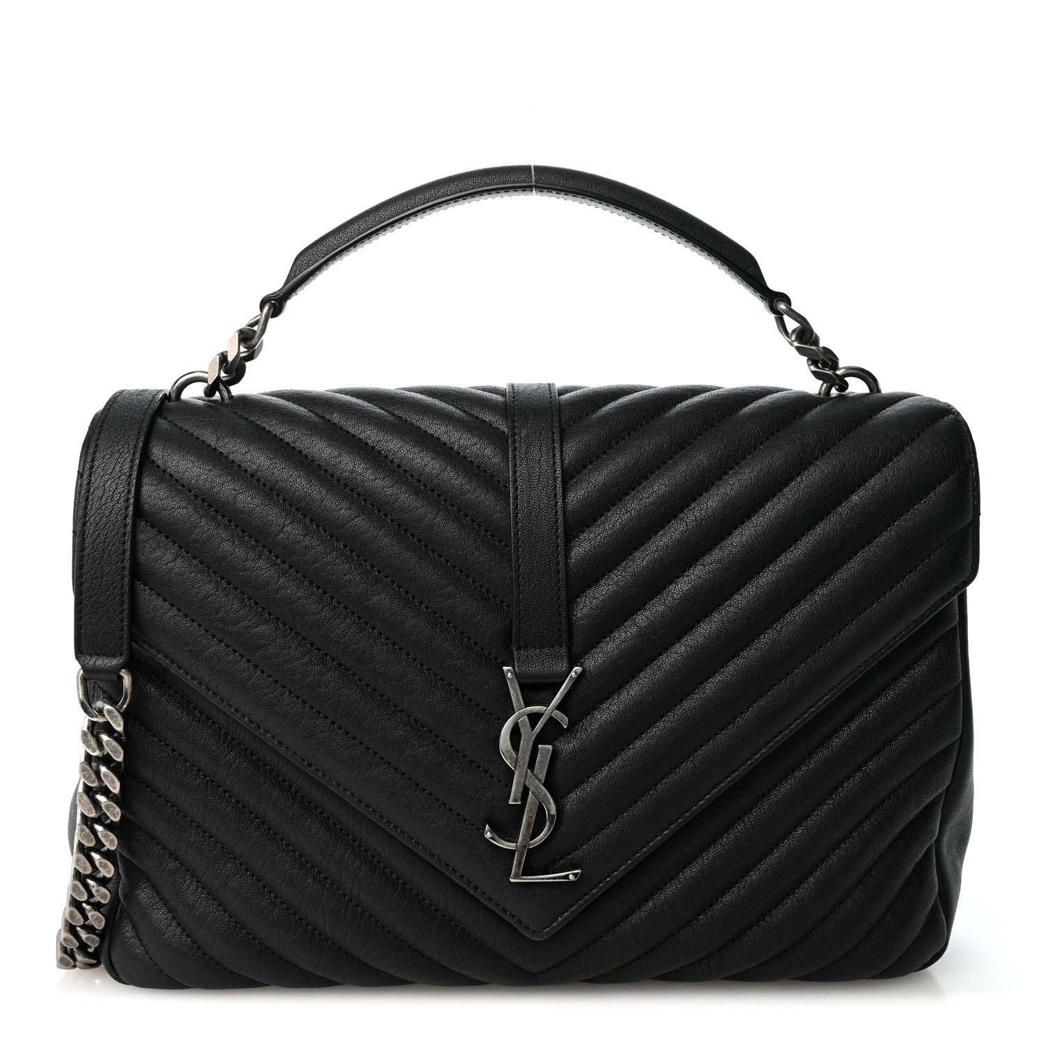 Saint Laurent Sheepskin Matelasse Chevron Monogram Large College Satchel Black