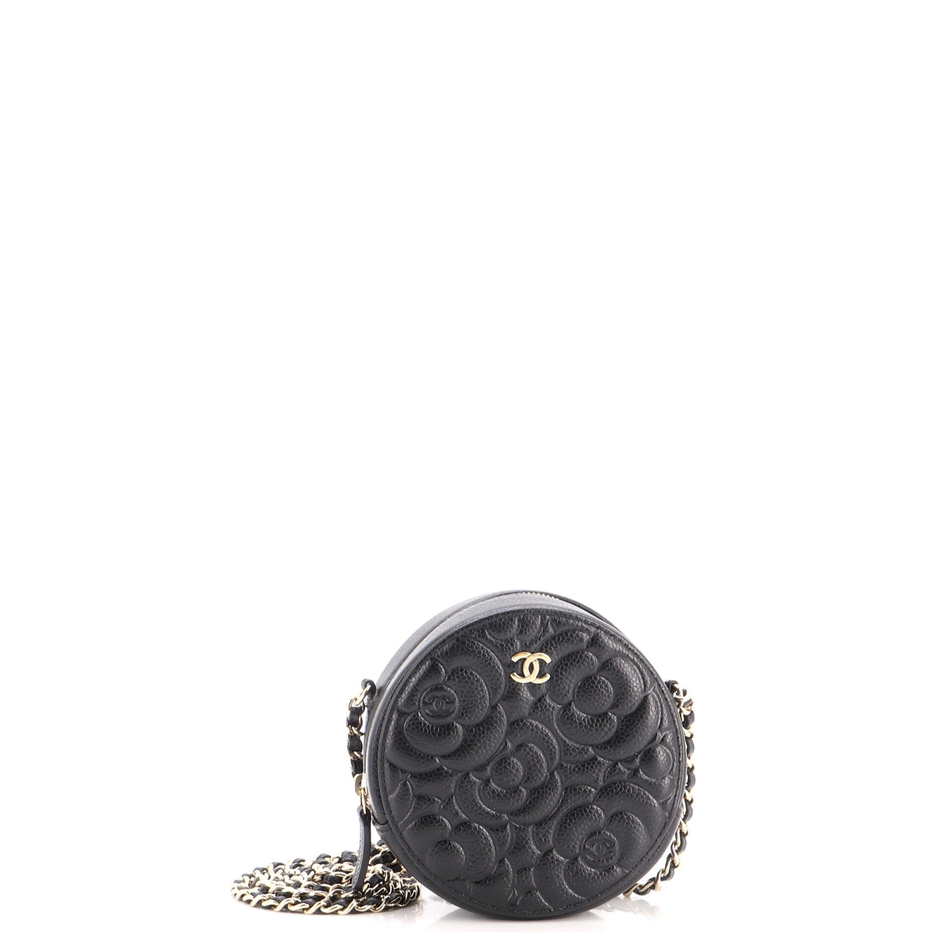 Round Clutch with Chain Camellia Caviar Mini