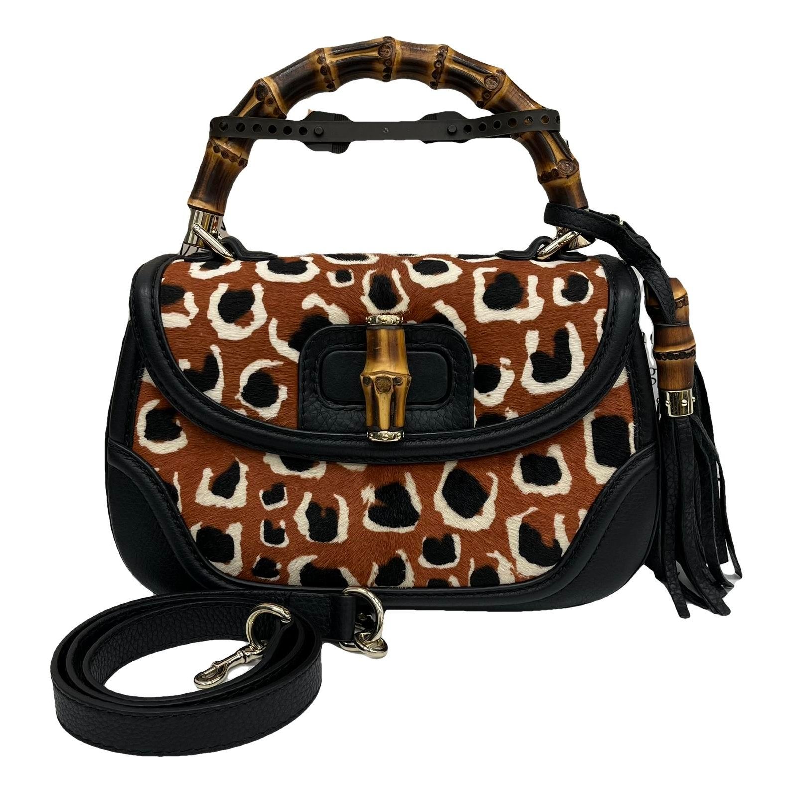 Convertible Pompon Bamboo Top Handle leather handbag