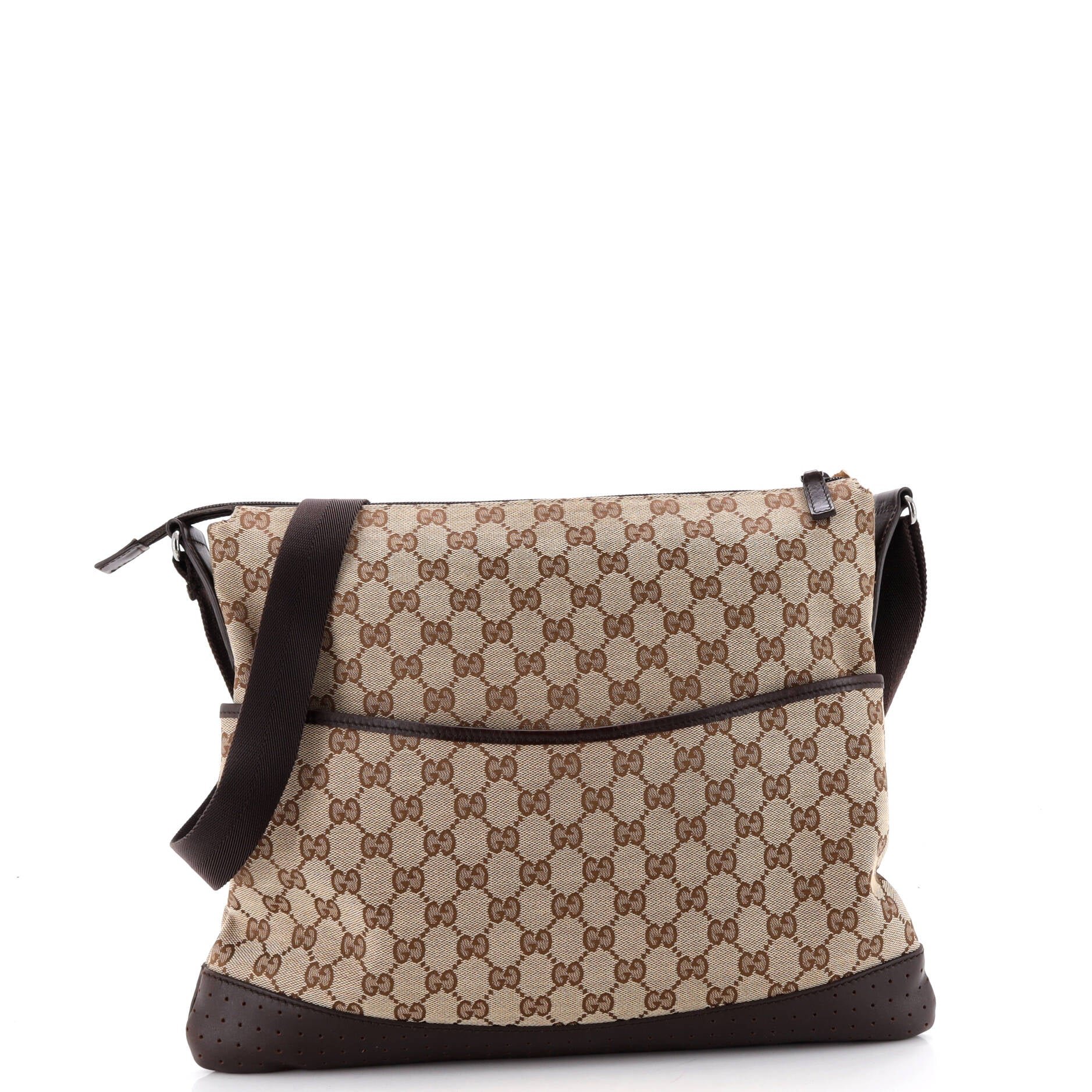 Zip Messenger Bag GG Canvas with Perforated Leather Large