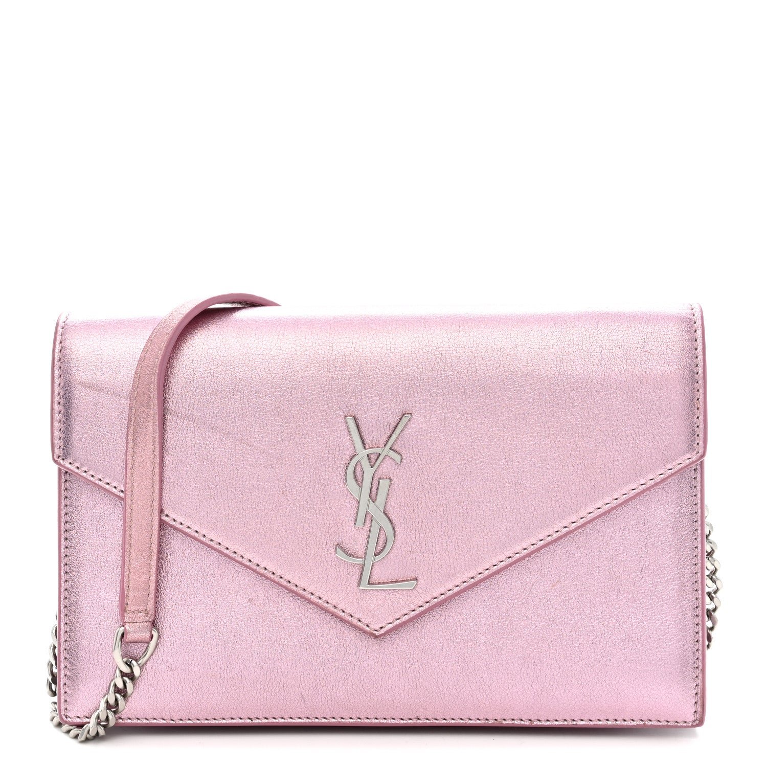 Saint Laurent Metallic Calfskin Monogram Envelope Chain Wallet New Azalea