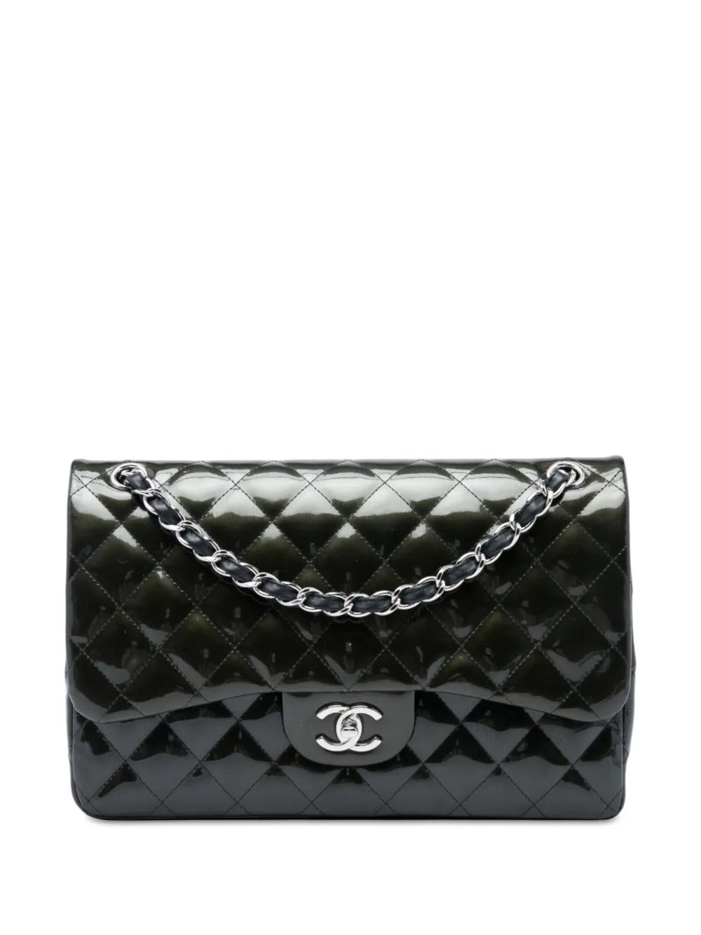 2012-2013 Jumbo Classic Striated Patent Double Flap shoulder bag