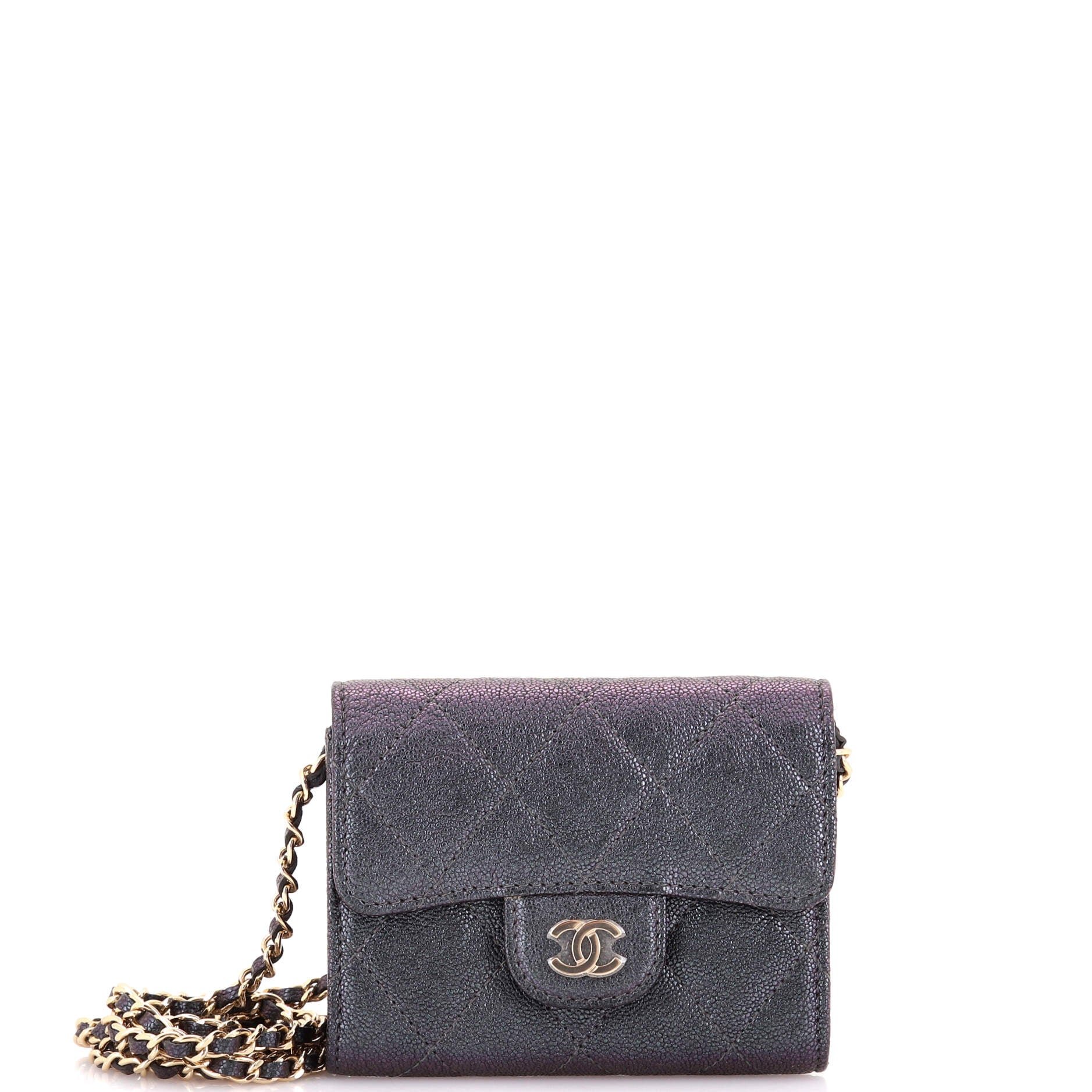 Classic Flap Card Holder on Chain Quilted Iridescent Caviar Mini