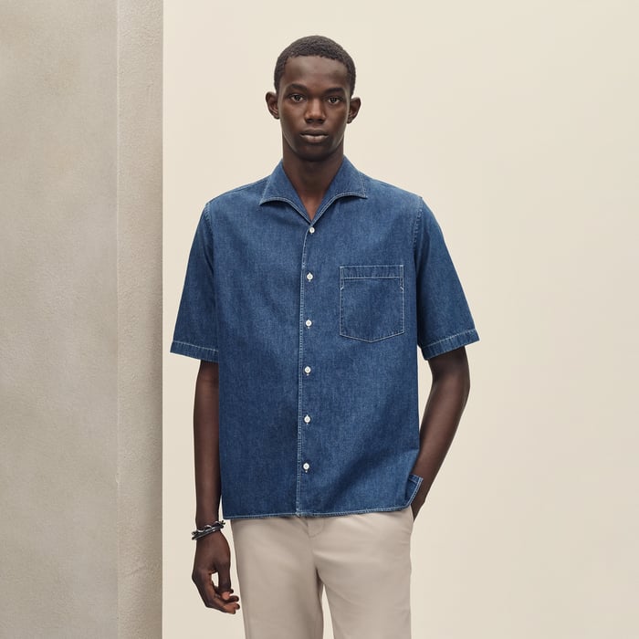 Indigo Lavé Short-sleeve Straight Cut Shirt With Notched Collar