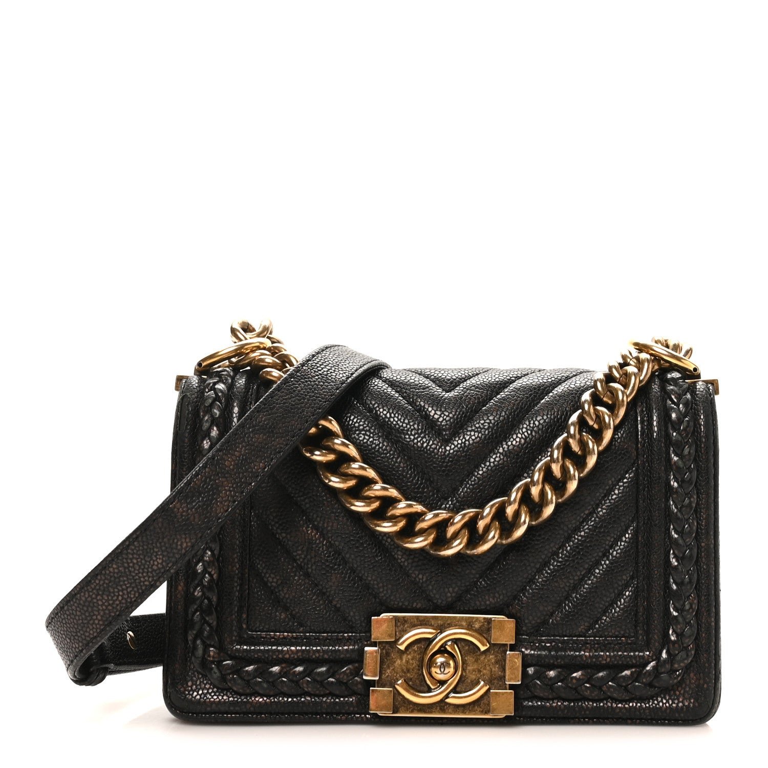 Chanel Patinated Calfskin Braid Around Chevron Small Boy Flap Brown