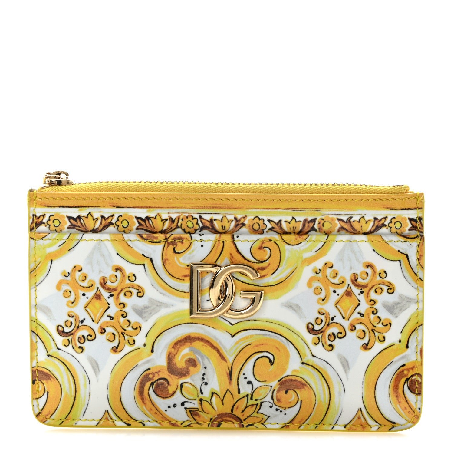 Dolce & Gabbana Vitello Lucido Stampato Majolica Print Zipped Card Holder Yellow White