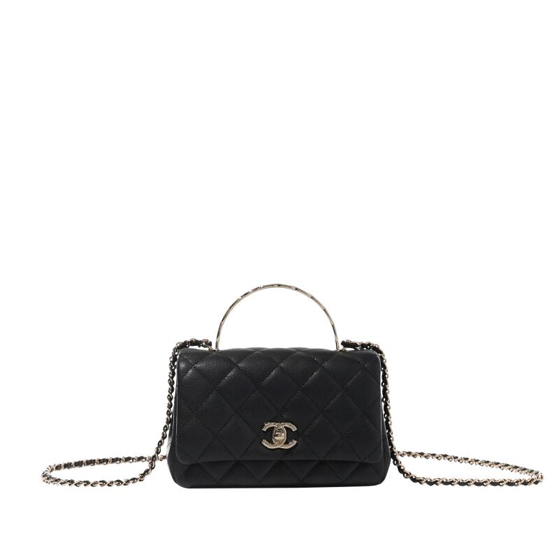 Black Quilted Caviar Top Handle Flap Bag Gold Hardware