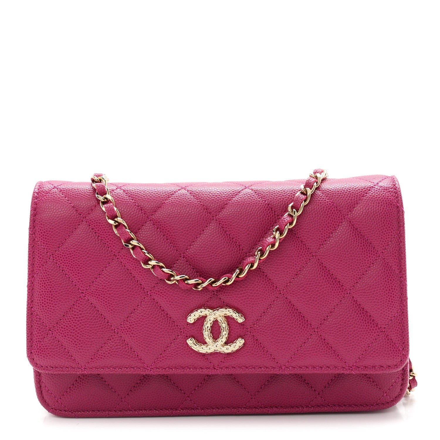 Chanel Caviar Quilted Chain Embossed CC Wallet On Chain WOC Fuchsia