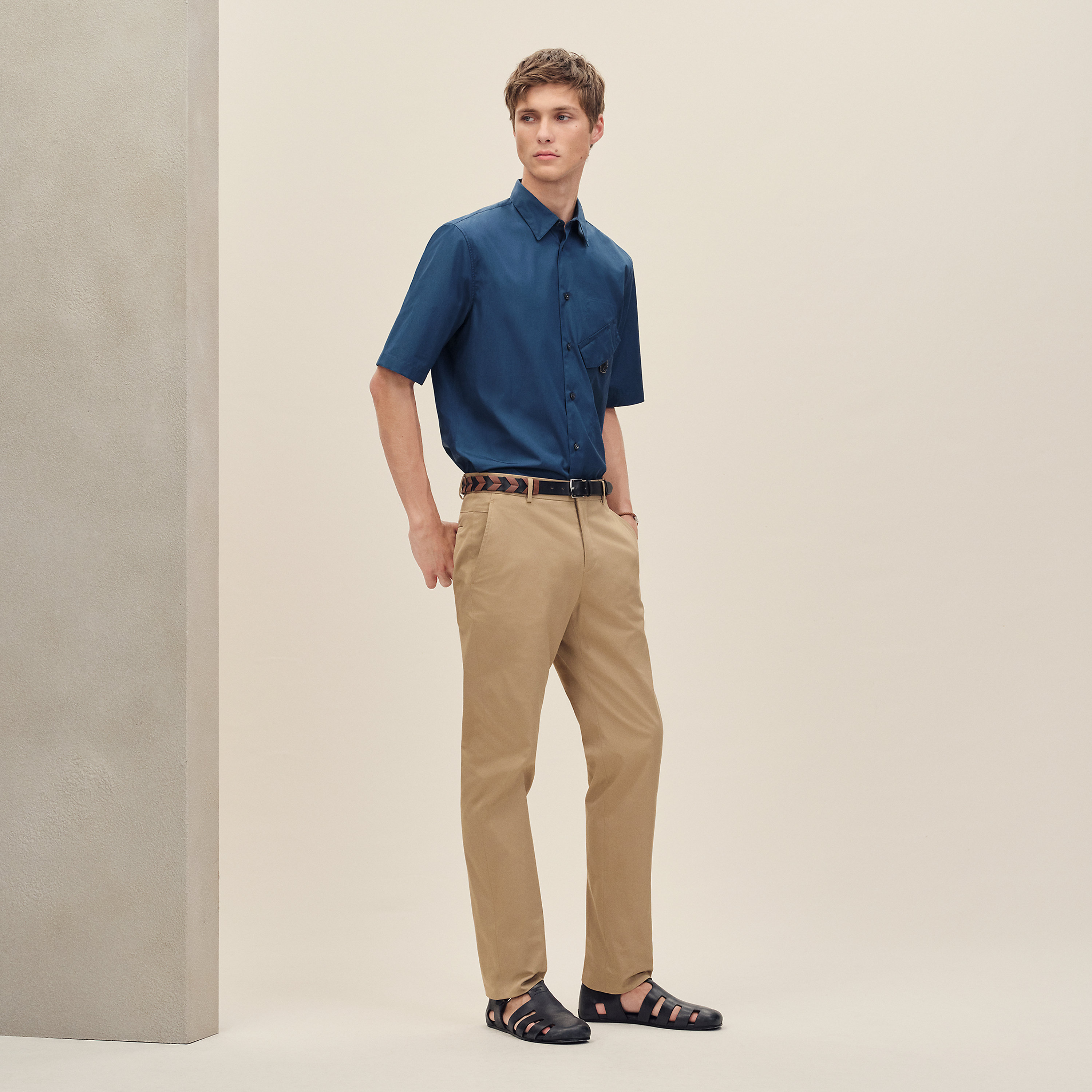Short-sleeve straight cut shirt with leather detail