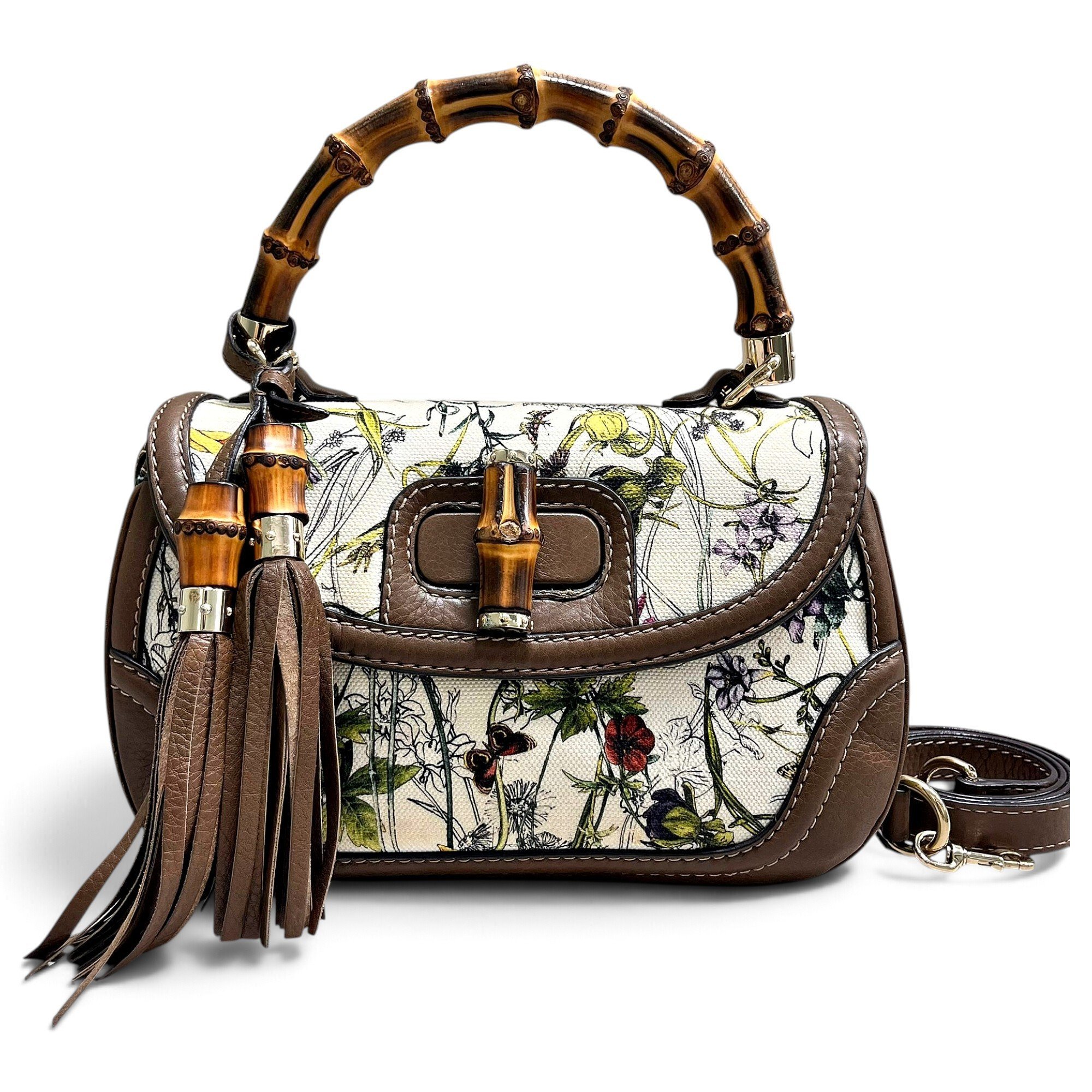 Convertible Pompon Bamboo Top Handle cloth handbag