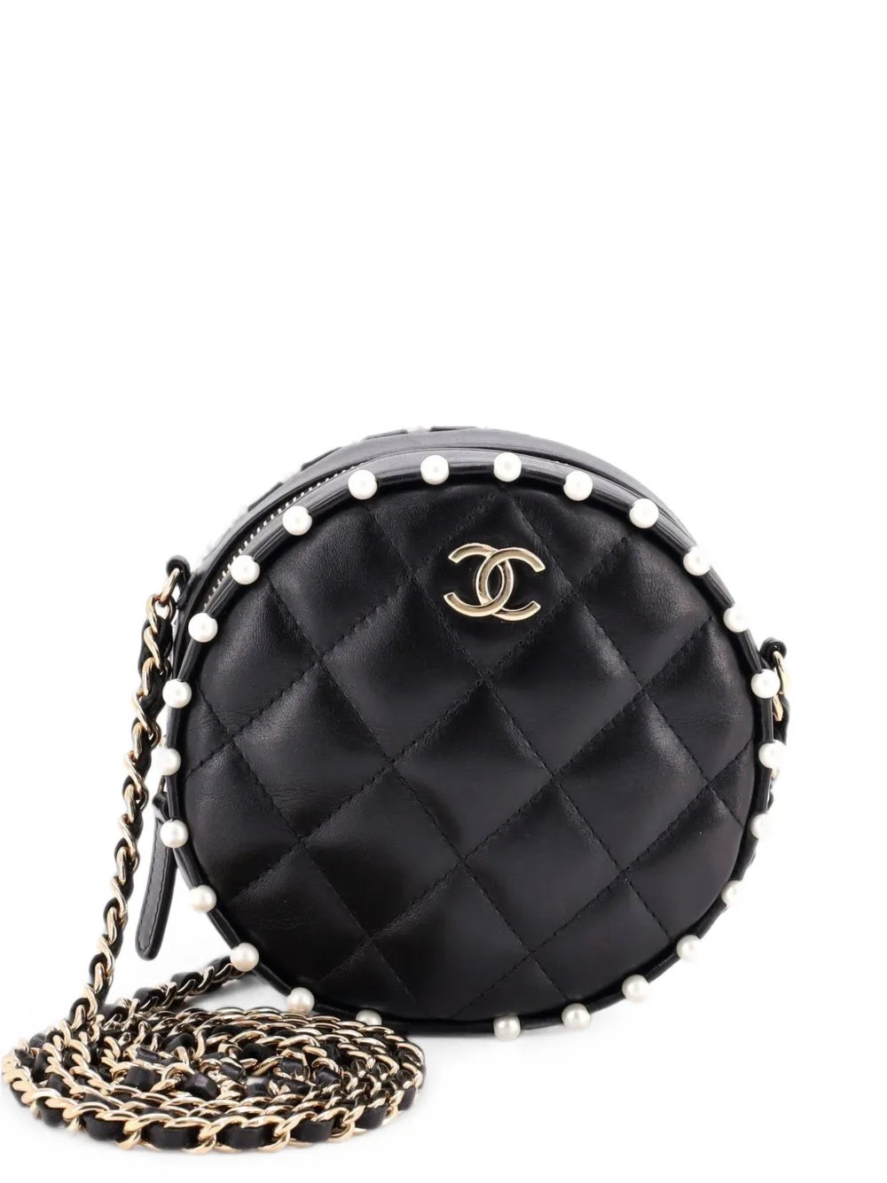 Round Clutch with Chain Quilted Calfskin with Pearl Detail crossbody bag