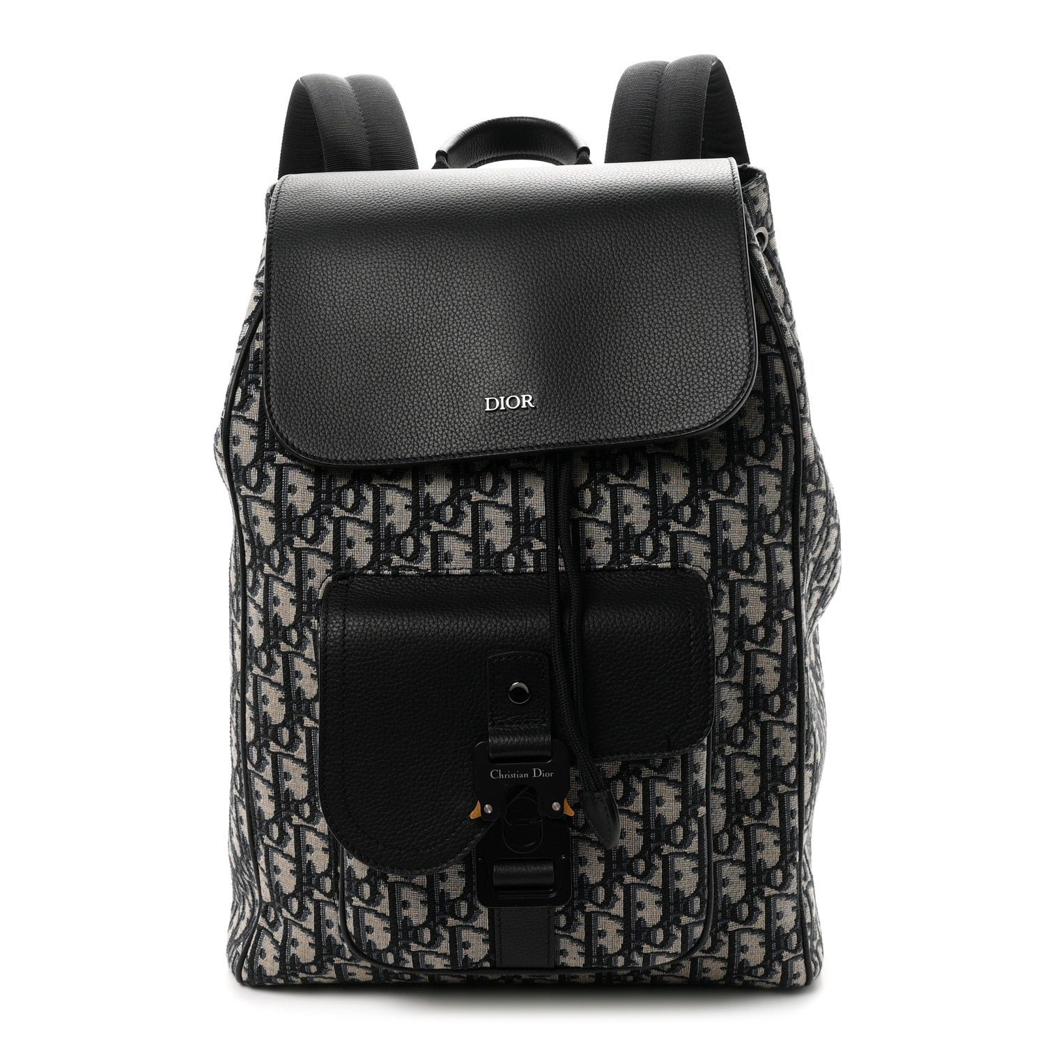 Christian Dior Oblique Jacquard Grained Calfskin Drawstring Saddle Backpack Beige Black