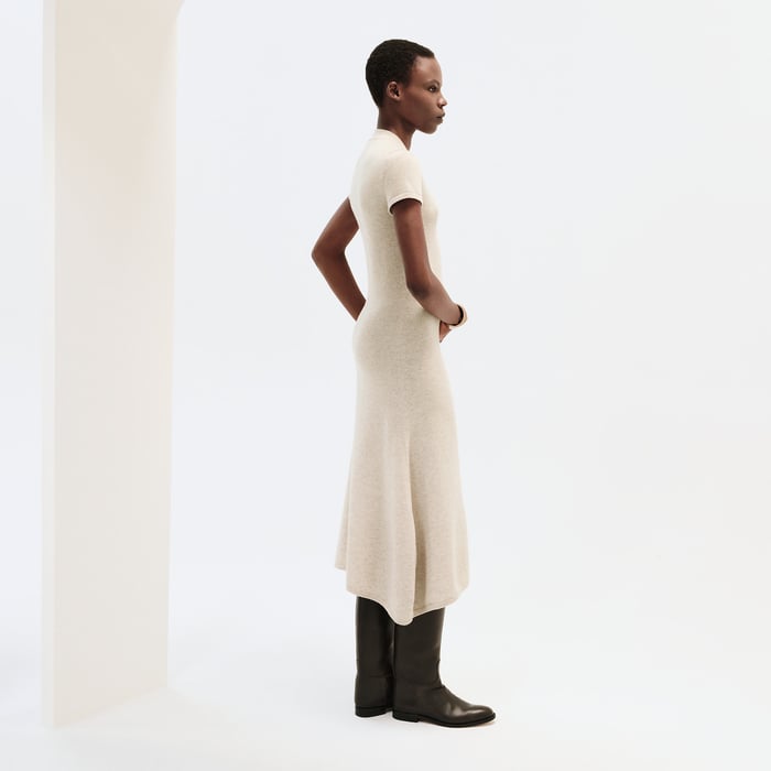 Beige Naturel Short-sleeve Long Cashmere Dress