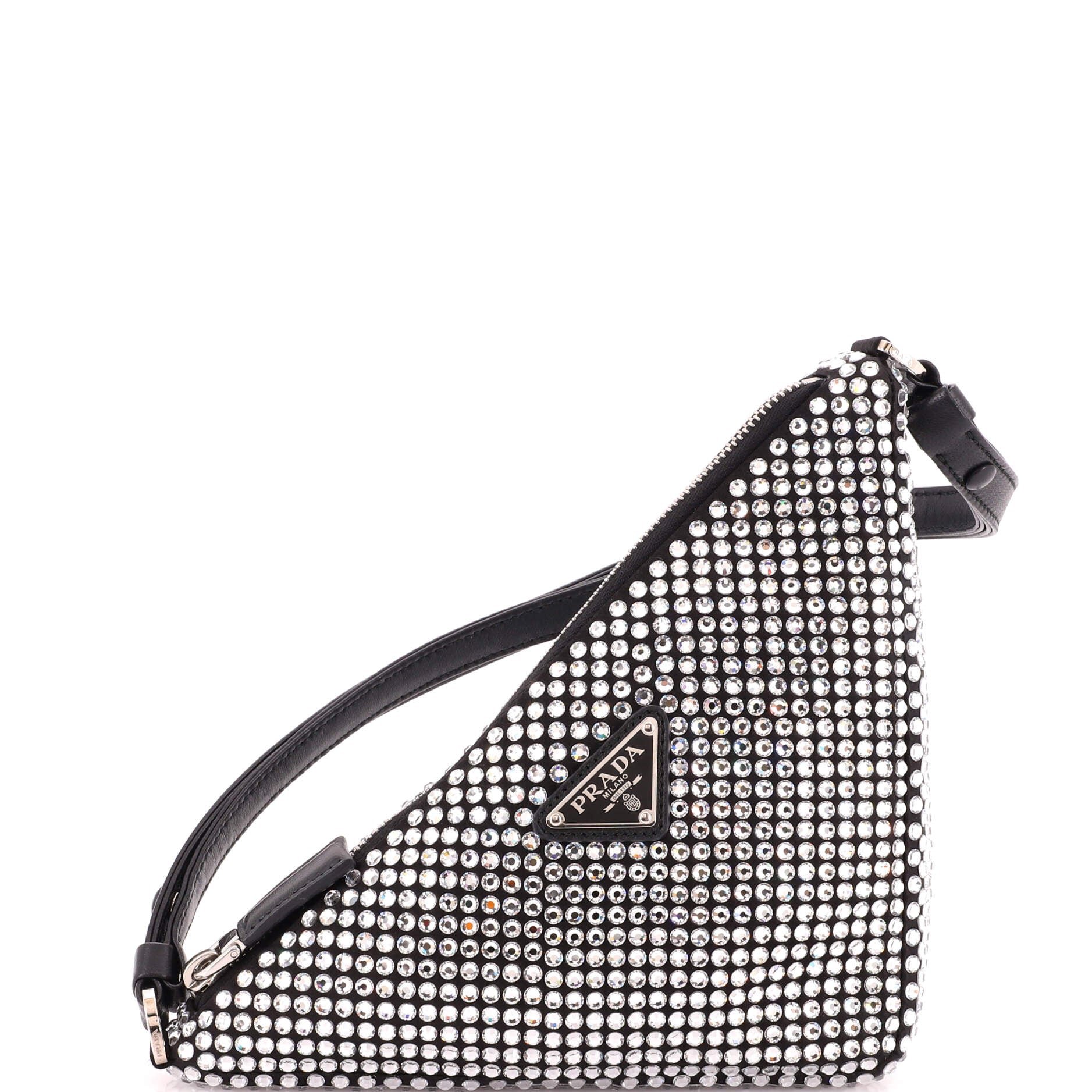 Triangle Top Handle Pouch Bag Crystal Embellished Satin Mini