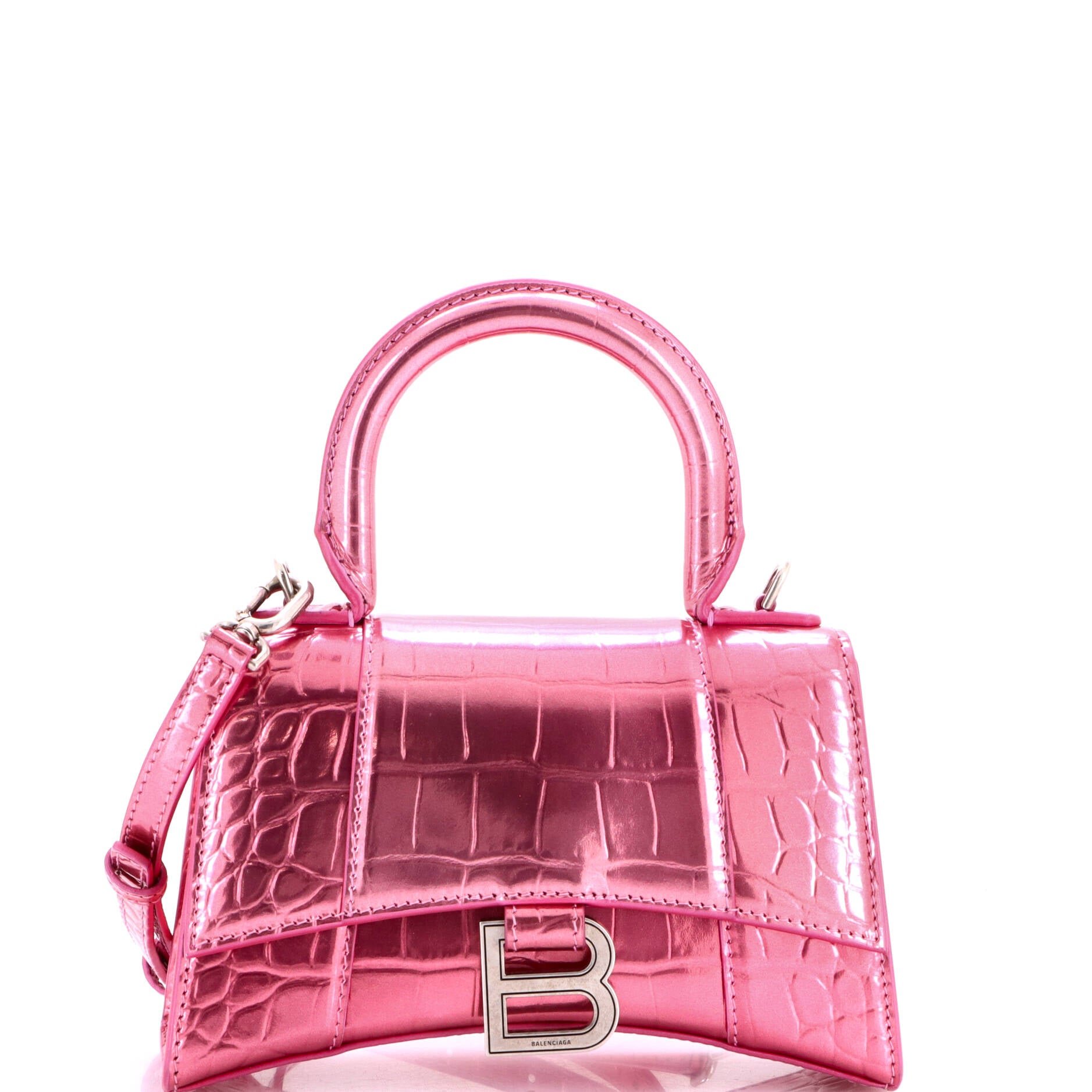 Hourglass Top Handle Bag Crocodile Embossed Leather XS
