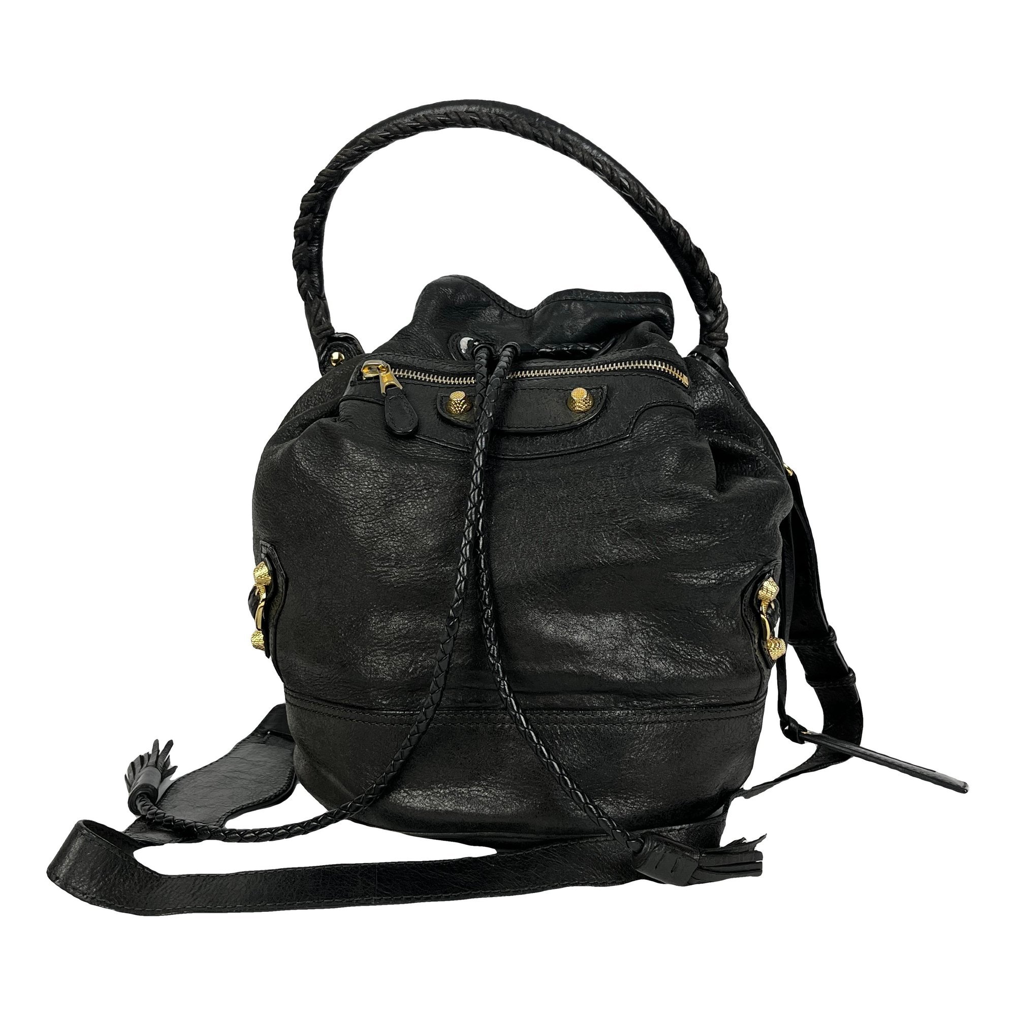 Pompon leather handbag