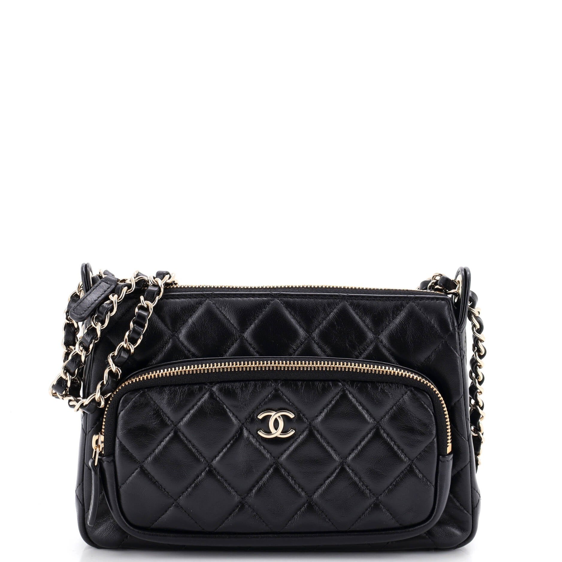 CC Front Pocket Zip Clutch with Chain Quilted Lambskin Large