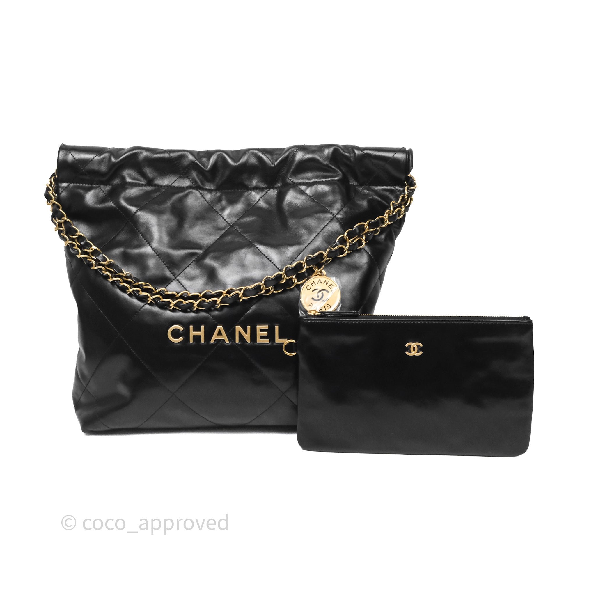 Chanel 22 Bag Small Black Shiny Crumpled Calfskin Aged Gold Hardware