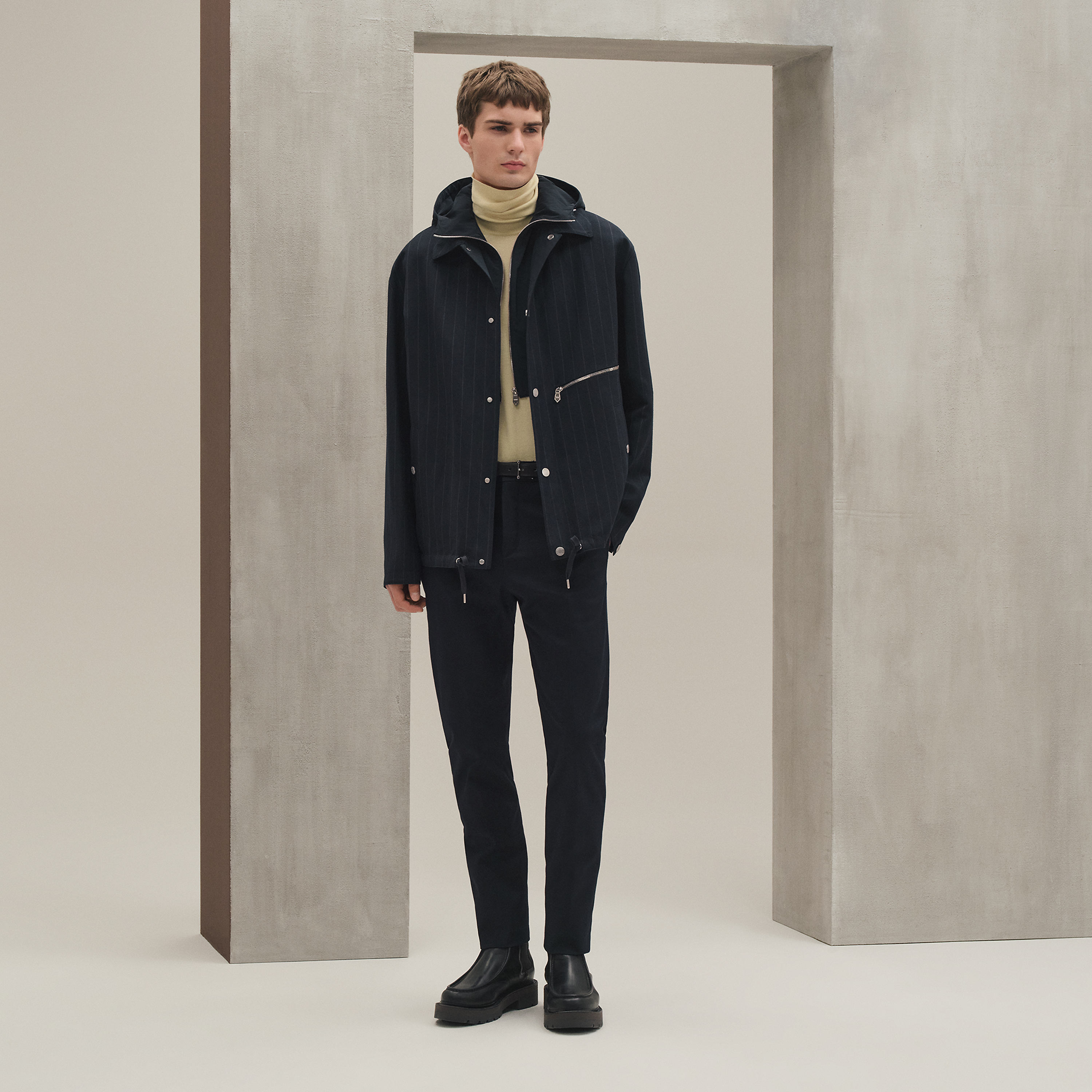 "Rayures de laine et papier" overshirt with removable hood