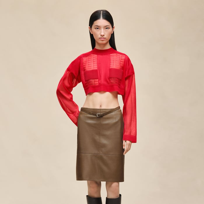Marron Muschio Mixed Knit Pencil Skirt