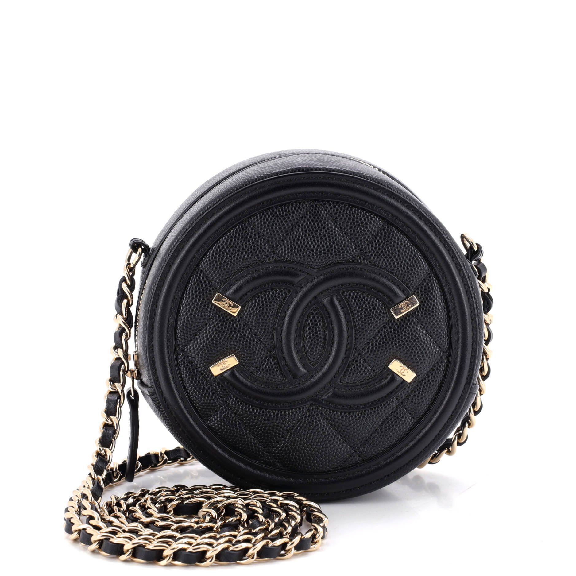 Filigree Round Clutch with Chain Quilted Caviar Mini