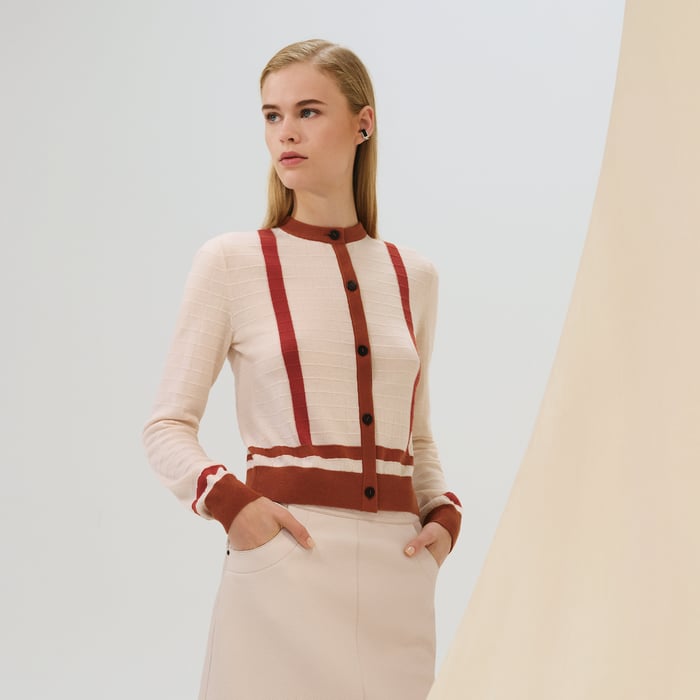 Beige Kaolin "Coaching" Long-sleeve Cardigan