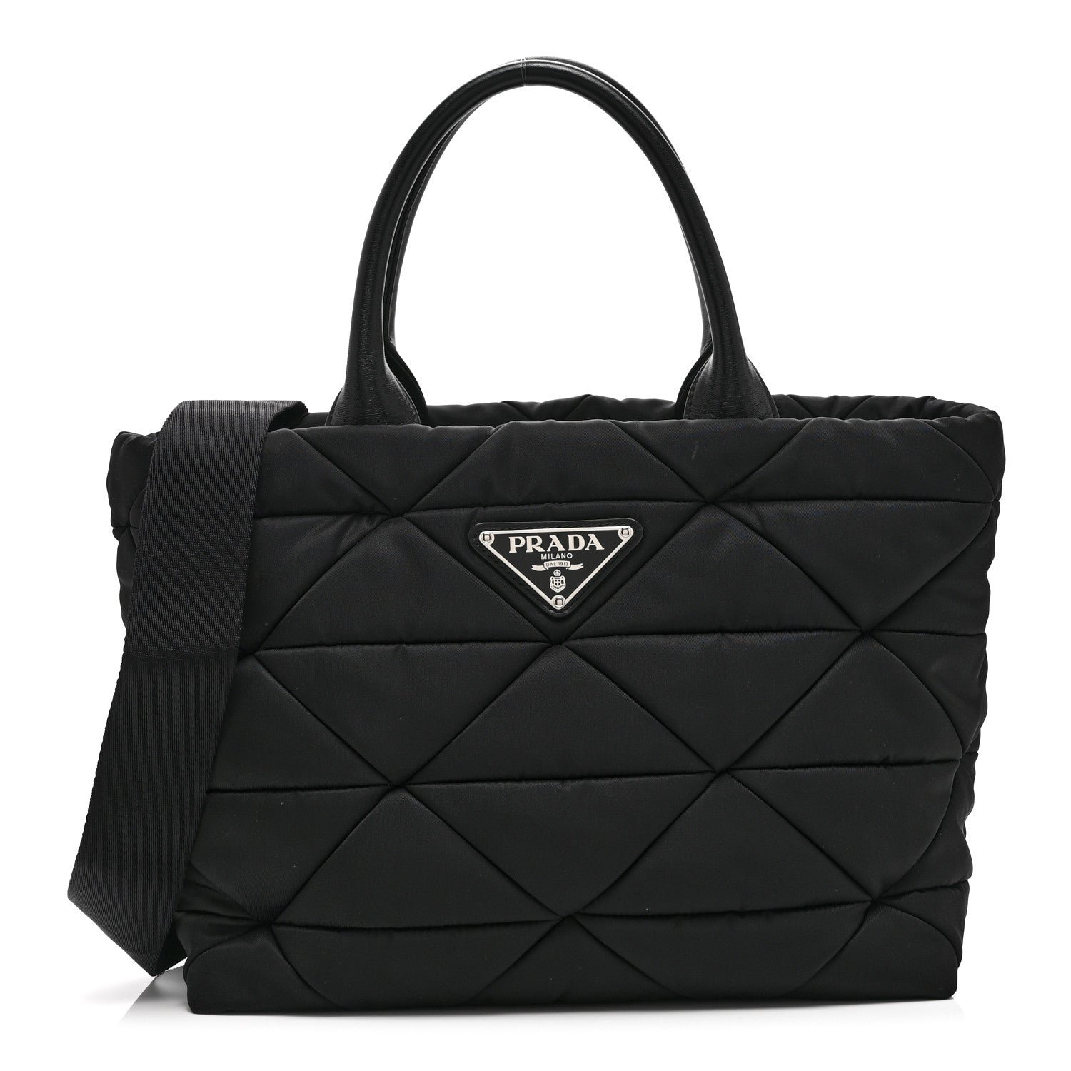 Prada Re-Nylon Nappa Triangle Quilted Padded Small Double Handled Zip Tote Black
