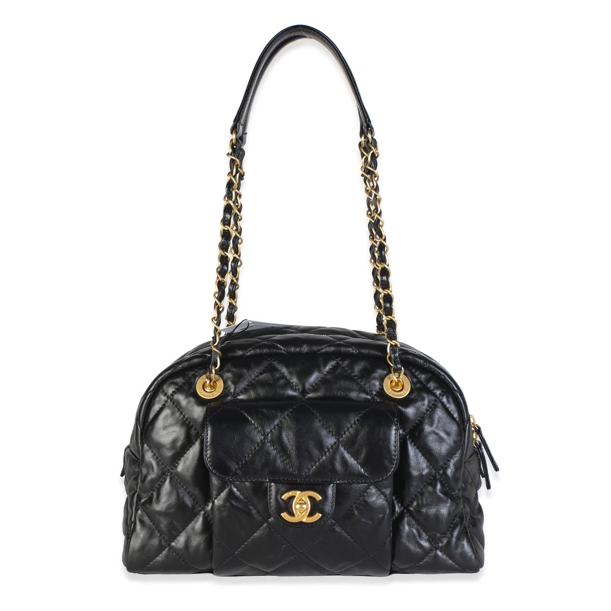 24A Black Shiny Crumpled Calfskin Quilted Large Bowling Bag