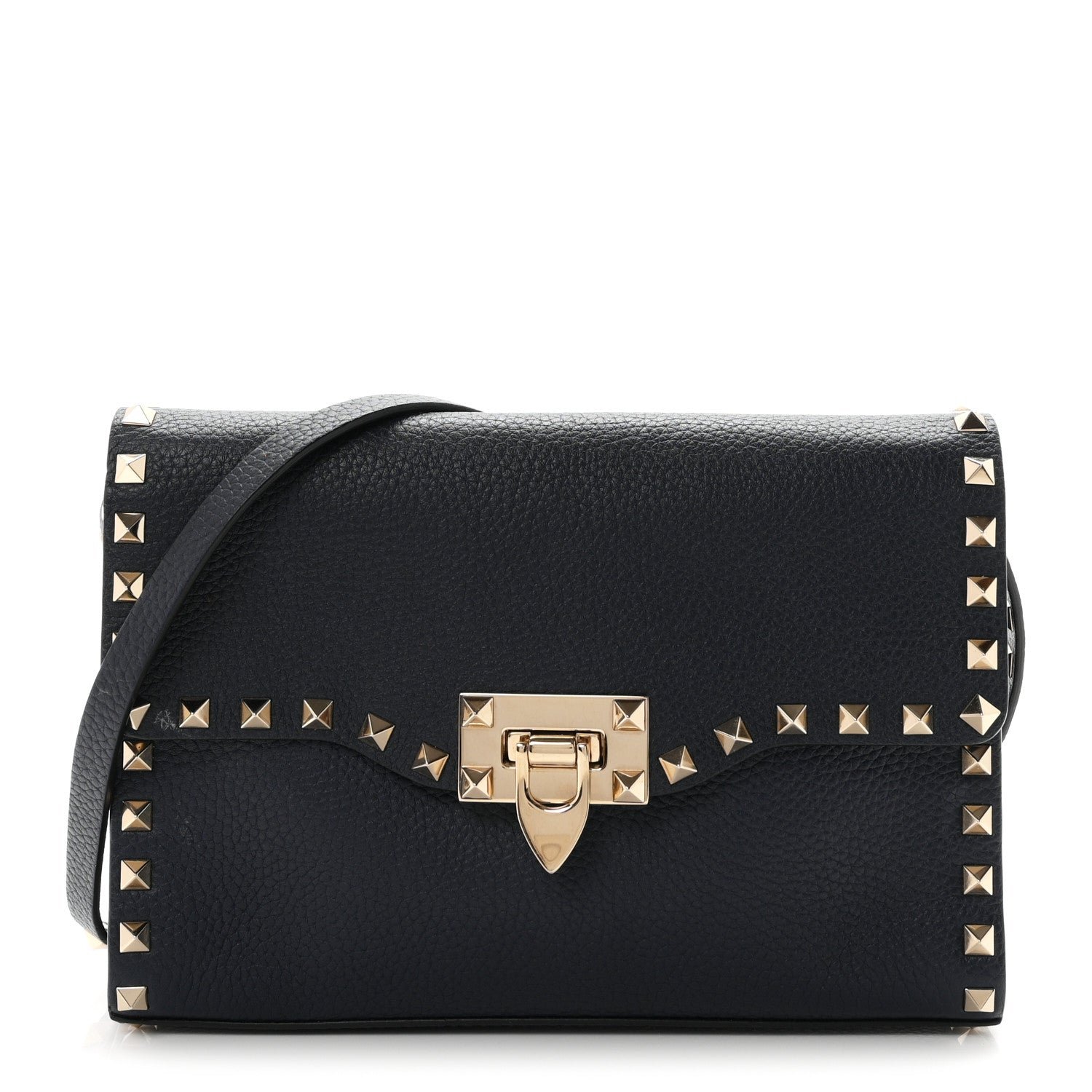 Valentino Garavani Pebbled Calfskin Medium Rockstud Flip Lock Crossbody Bag Navy