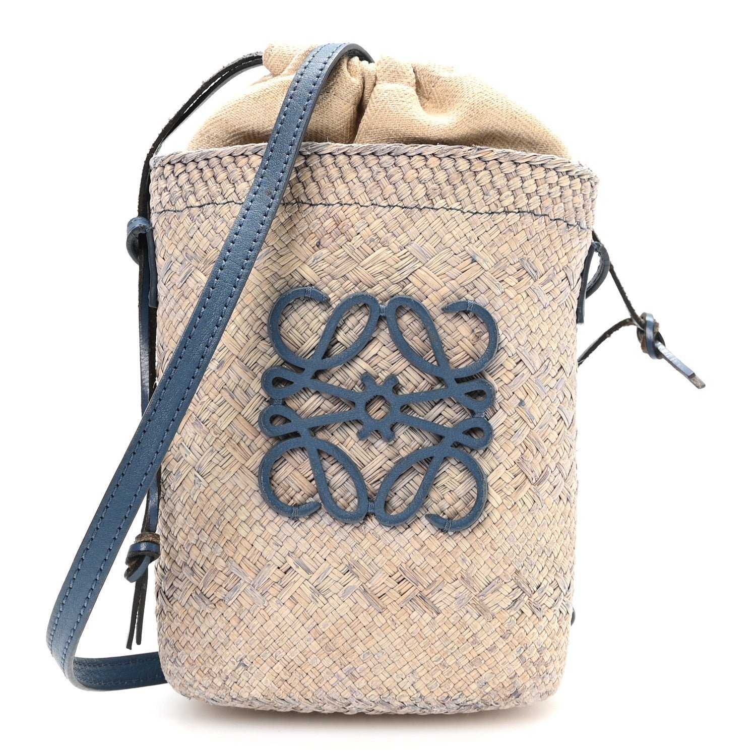 Loewe Calfskin Raffia Paulas Ibiza Square Bucket Bag Natural Blue