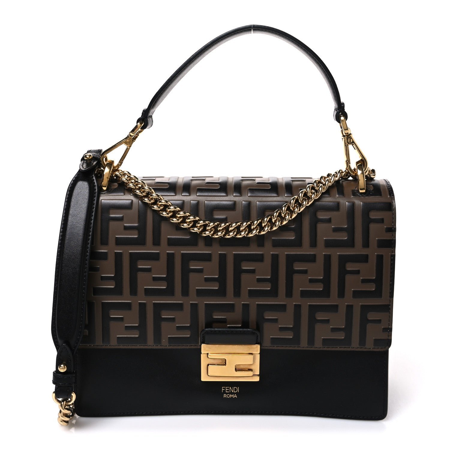 Fendi Vitello Liberty Bi-Color FF 1974 Embossed Chain Strap Kan U Shoulder Bag Black Maya