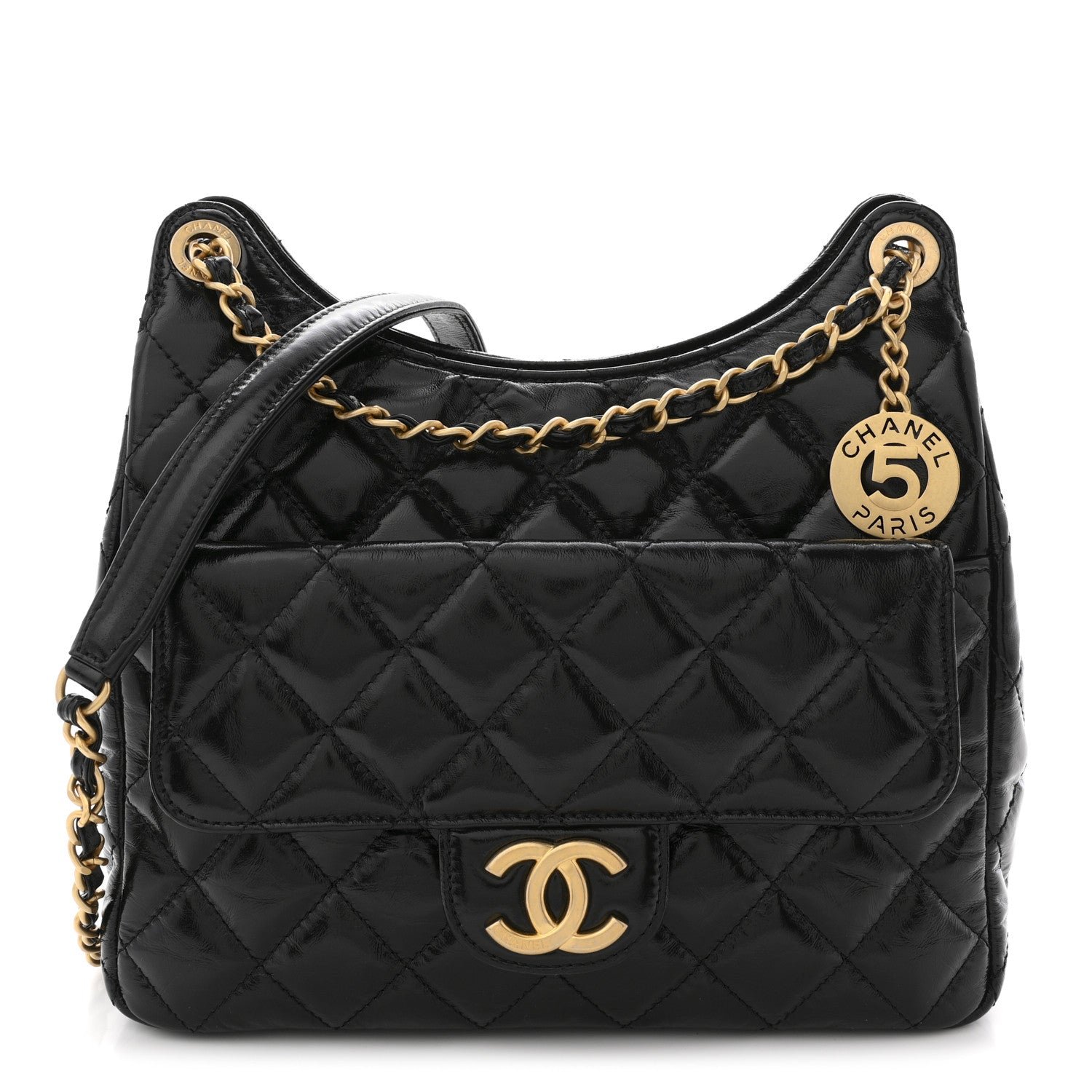 Chanel Shiny Crumpled Calfskin Quilted Wavy CC Hobo Black