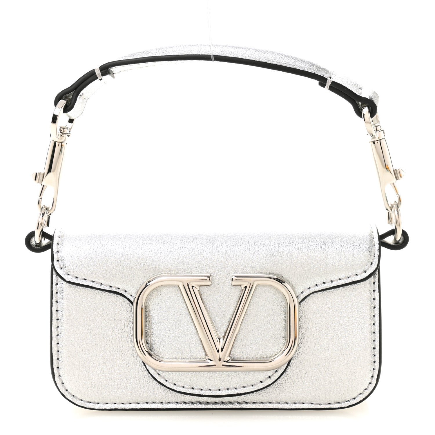 Valentino Garavani Laminated Calfskin Vlogo Micro Loco Shoulder Bag Silver