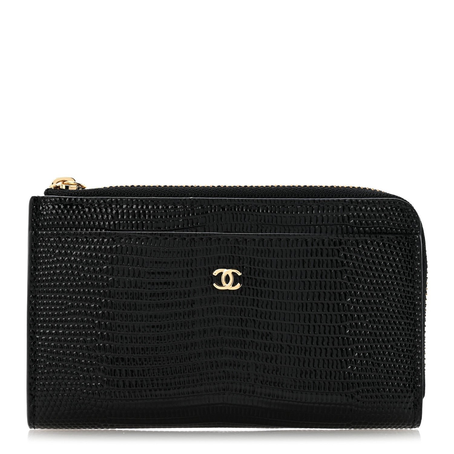 Chanel Calfskin Lizard Embossed Zipped Card Holder Black