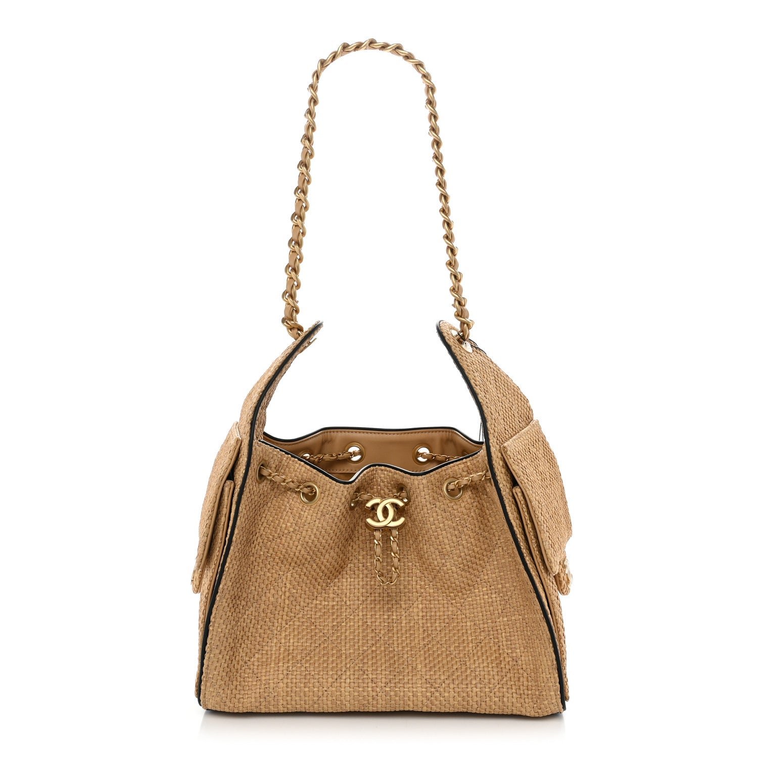 Chanel Braided Raffia Calfskin Small Chanel 25 Handbag Beige Black