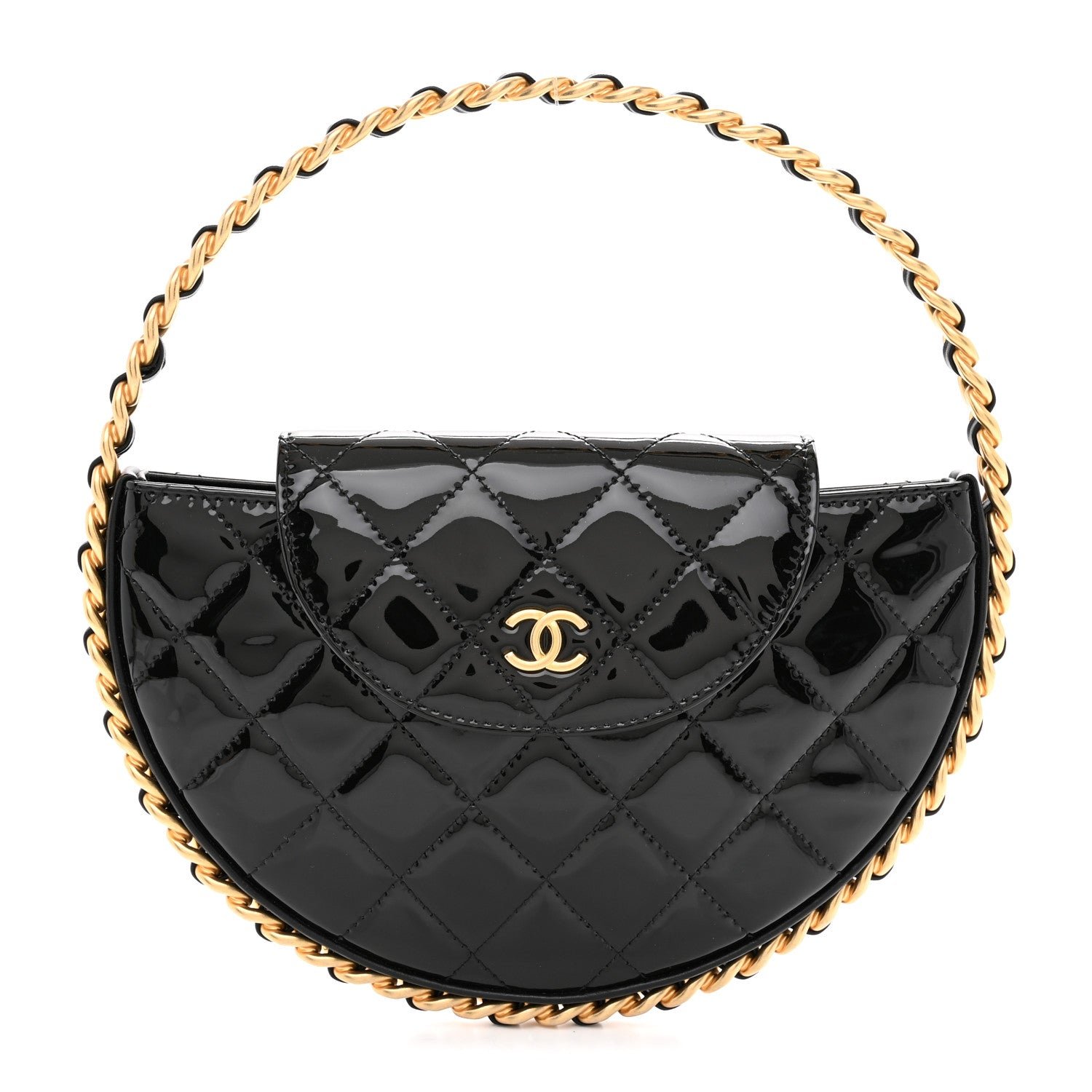 Chanel Patent Calfskin Quilted Chain Hoop Bag Black