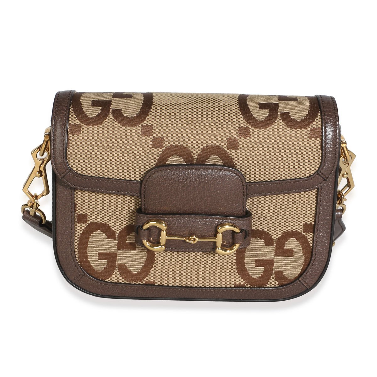 Camel Ebony Monogram Jumbo GG Calfskin Web Mini Horsebit 1955 Shoulder Bag